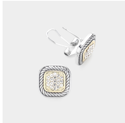 14K Gold Plate CZ Stone Paved Square Earrings