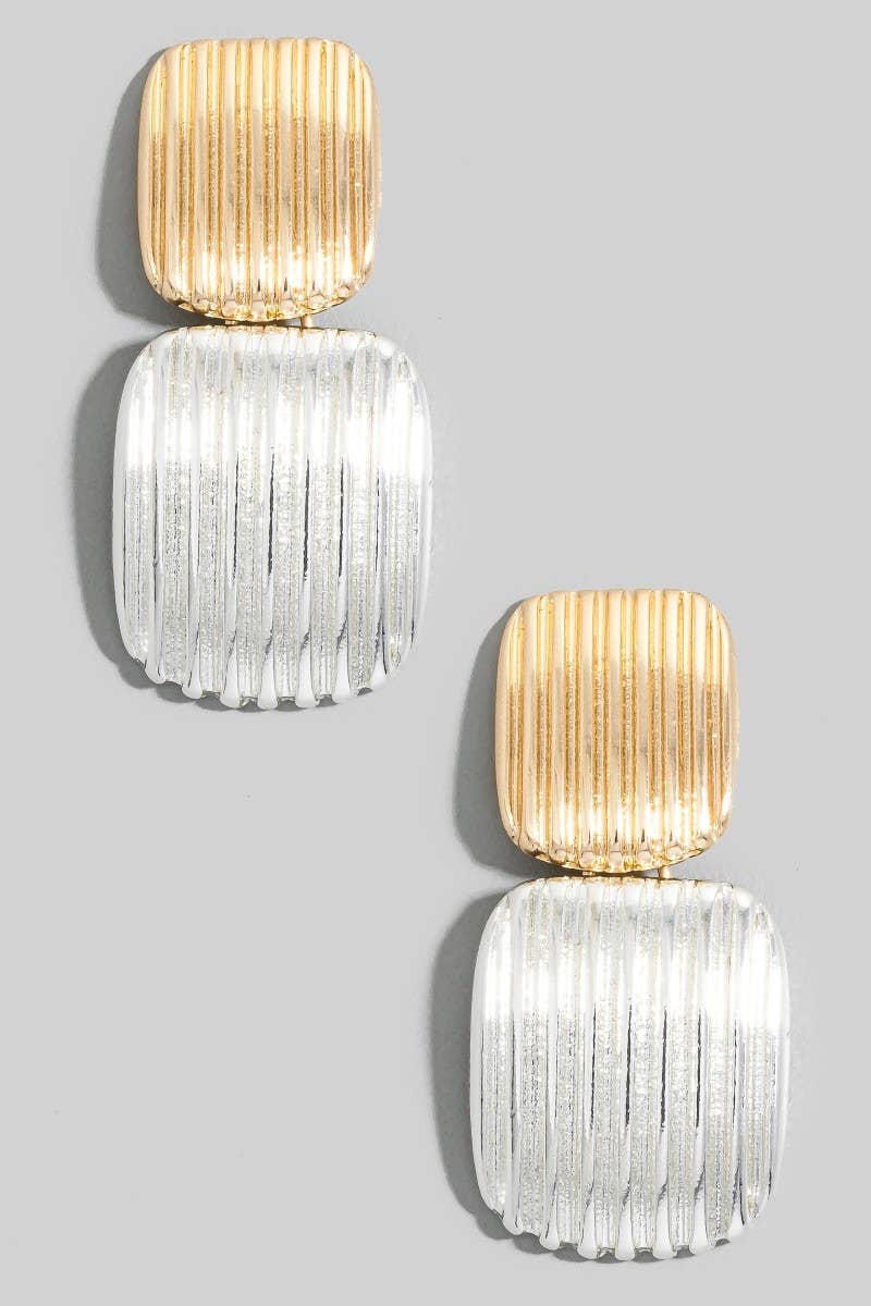 Ridged Texture Two Tone Rectangle Drop Earrings: MU
