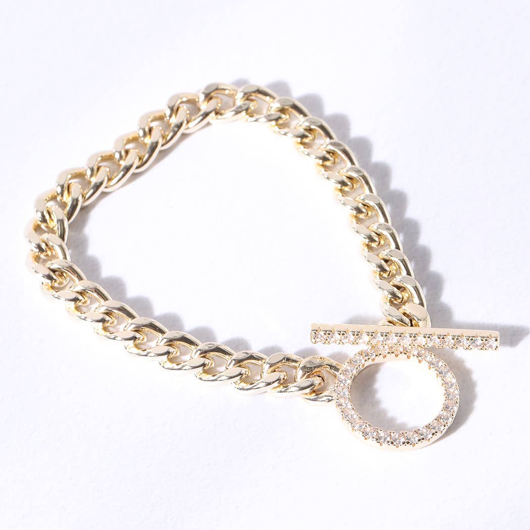 Gold Plated CZ Pave Toggle Clasp Chain Bracelet: BG / ONE SIZE
