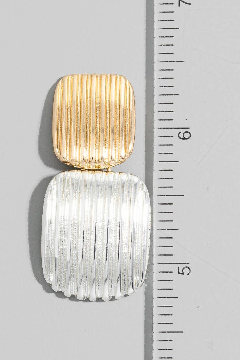 Ridged Texture Two Tone Rectangle Drop Earrings: MU