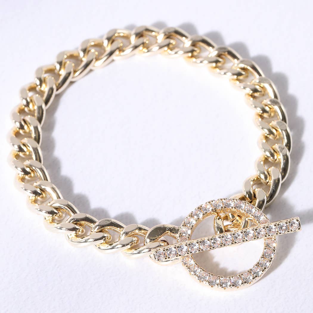 Gold Plated CZ Pave Toggle Clasp Chain Bracelet: BG / ONE SIZE
