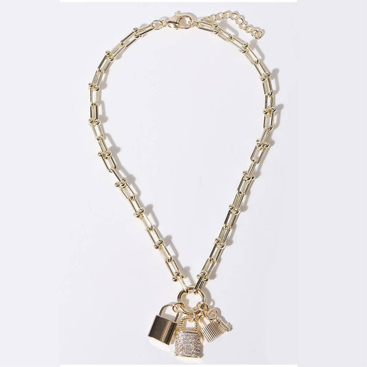 CZ Locks Key Pendant Gold Plated Chain Necklace: G / ONE SIZE