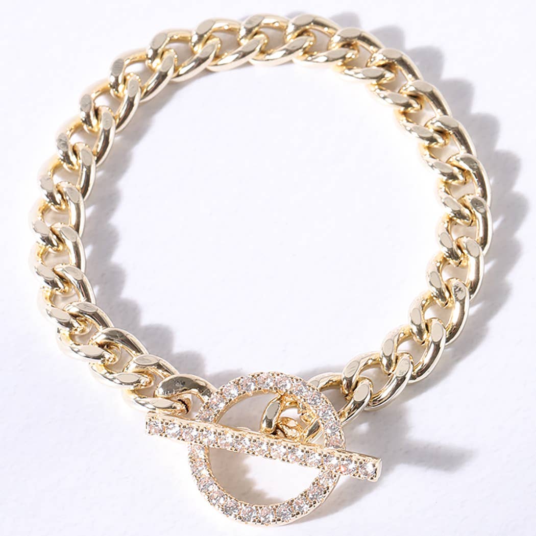Gold Plated CZ Pave Toggle Clasp Chain Bracelet: BG / ONE SIZE