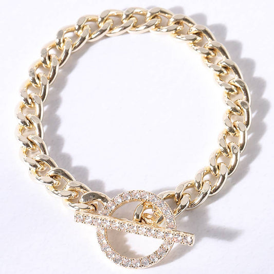 Gold Plated CZ Pave Toggle Clasp Chain Bracelet: BG / ONE SIZE