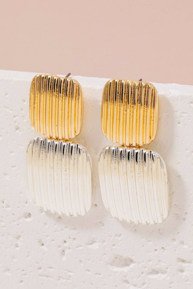 Ridged Texture Two Tone Rectangle Drop Earrings: MU