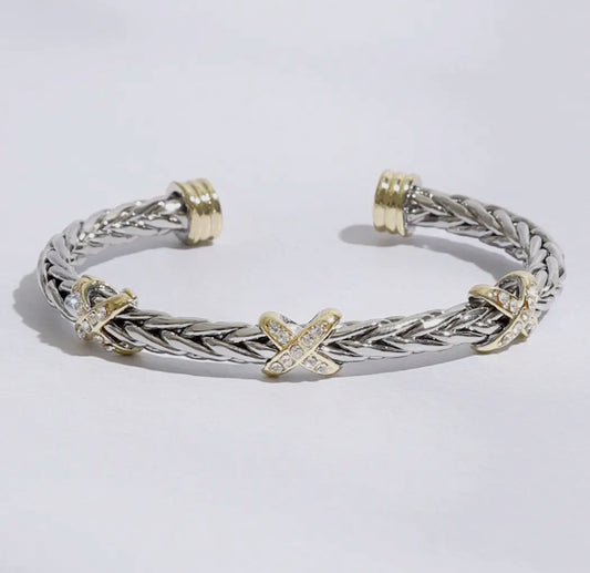 Three CZ X Stations Braided Bangle Bracelet
