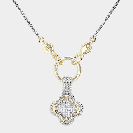 14K Gold Plated Two Tone CZ Stone Paved Quatrefoil Necklace