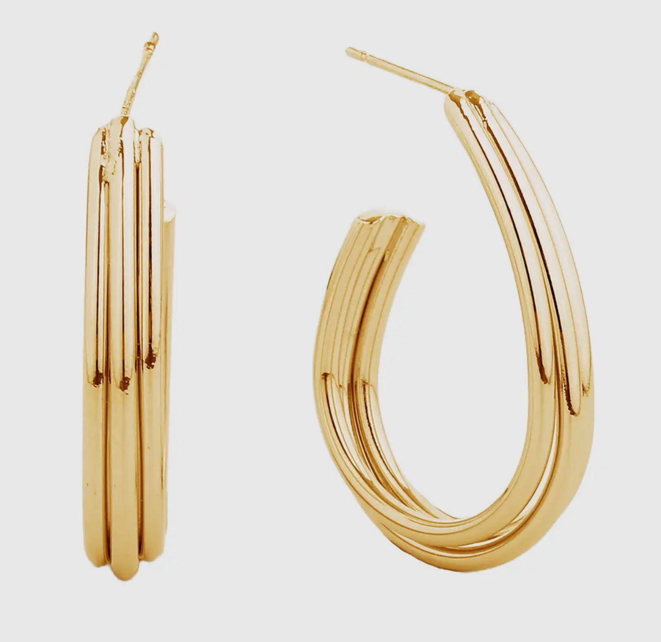 14kt Gold Dipped Triple Line Oval Hoop Post Earring