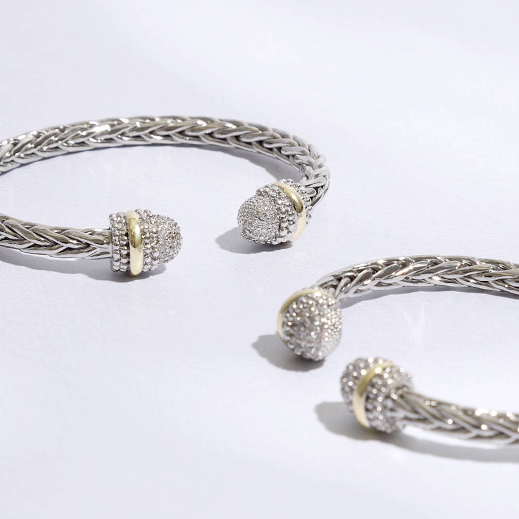 Multi-Toned CZ Round Edge Braided Bangle Bracelet: MULTI / ONE SIZE