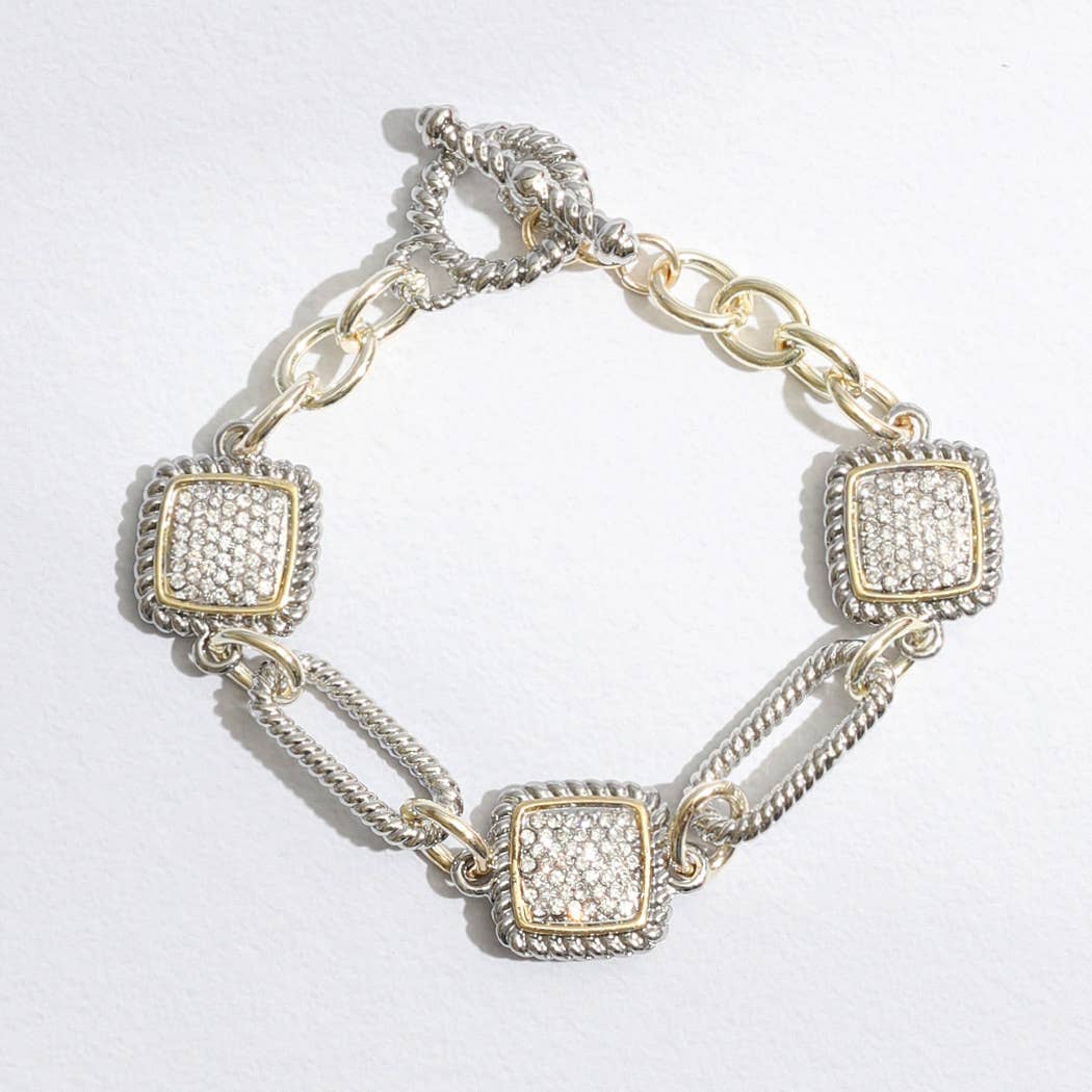 Mixes Chain and CZ Square Charms Toggle Bracelet: 025 / ONE SIZE