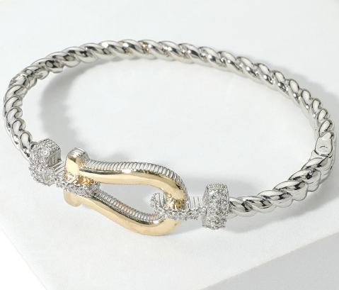 CZ Stone Paved Buckle Pointed Hinged Bangle Bracelet