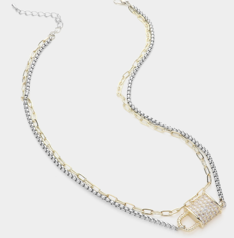 14K Gold Plated CZ Stone Paved Lock Pendant Layered Necklace