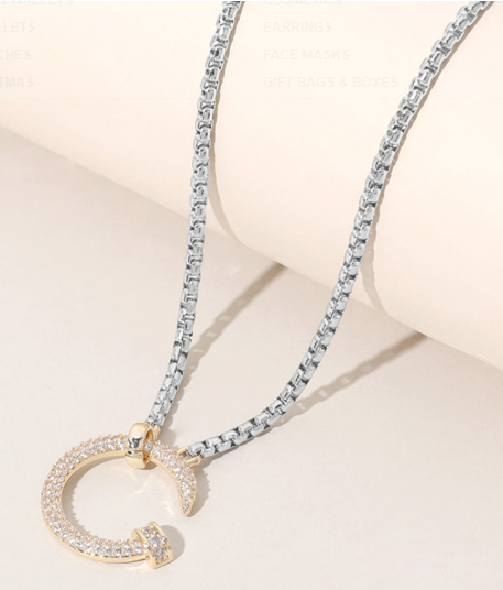 14K Gold Plated CZ Stone Paved Two Tone Curved Nail Pendant Necklace